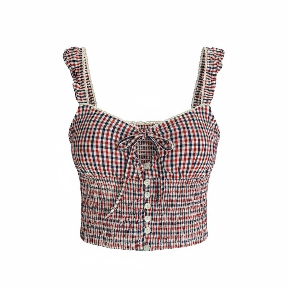 Sim and Sam Gingham Crop Top, Red White and Blue 4th of July Coquette, Size M